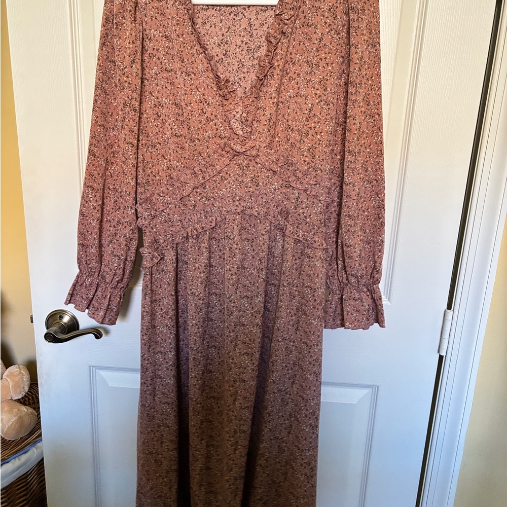 Women’s Long Sleeve Floral Midi Dress - Dusty Rose